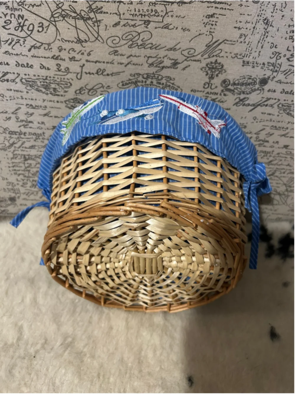 Unbranded Decorative Wicker Basket with Airplane Print, One Size, Blue/Beige